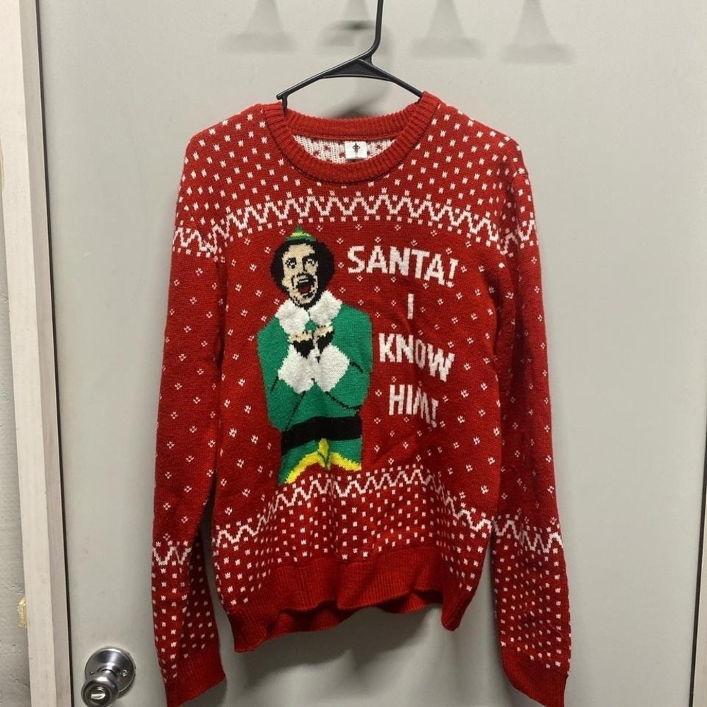 Elf‎ Ugly Christmas Sweater Mens Graphic Buddy Santa I Know Him Red XL Excellent